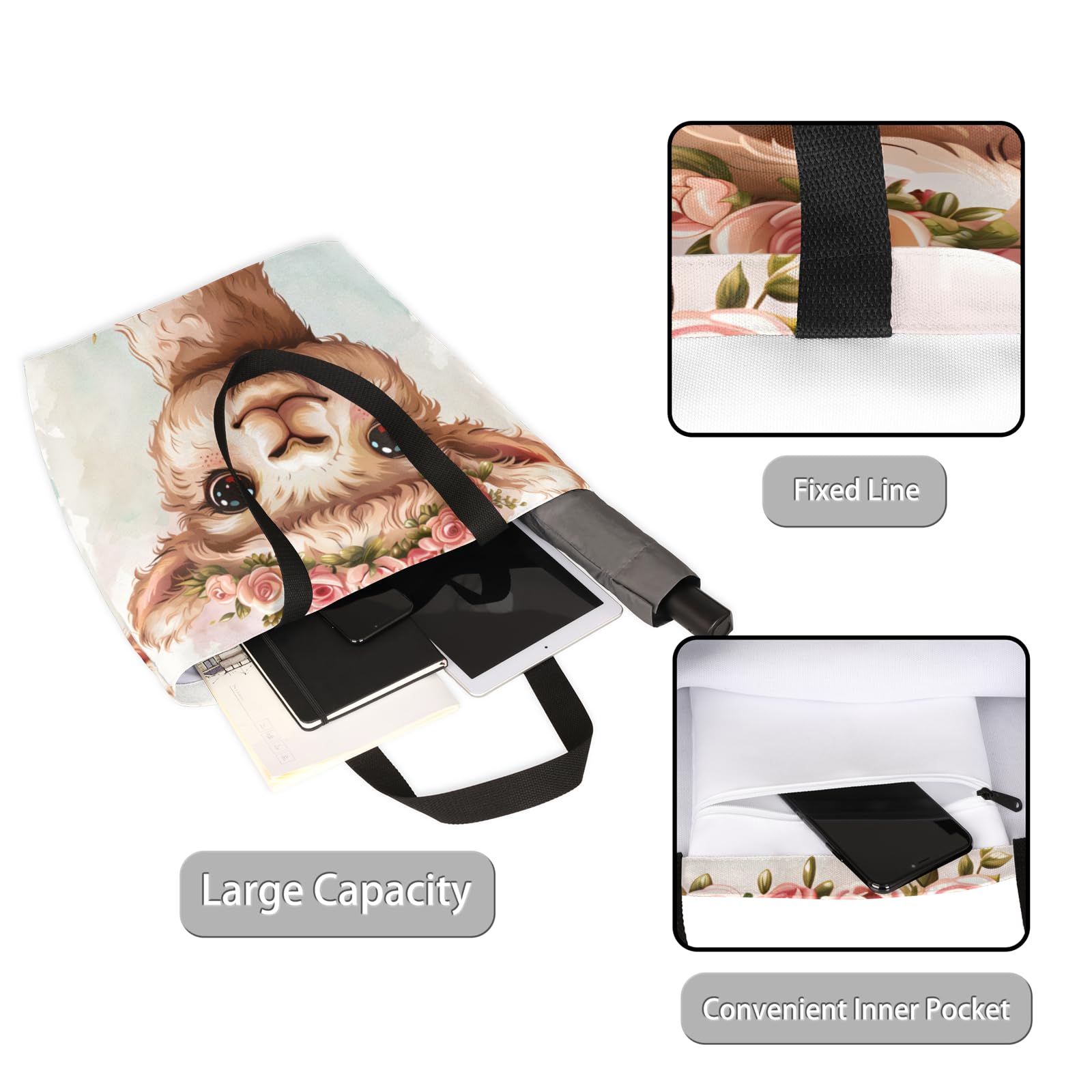 Mularoka Wreath Alpaca Cute Large Capacity Canvas Tote Bag Stylish Handheld Shoulder Bag Reusable Shopping Bag for Work Travel Beach Trips Shopping