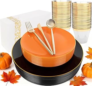 MirthMood 210PCS black and orange Plastic Plates,Black Disposable Plates –Plastic Plates Set Includes 30 Dinner,30 Dessert Plate,30 Cup&30 Napkins, 30 Gold Silverware for Wedding& Thanksgiving