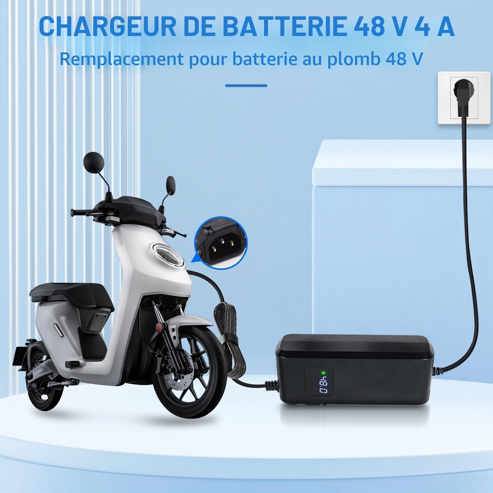 Chargeur de batterie au plomb acide pour scooter électrique 48 V 20 Ah avec écran et prise 3 broches