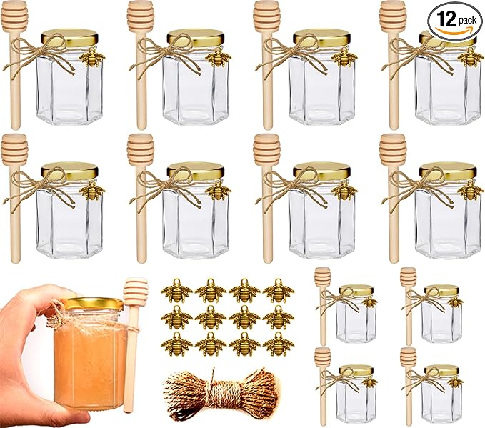Adabocute Honey Pot, Glass Honey Jars with Wood Dipper, Gold Lid, Bee Charms, Gold Organza Bags, Thank-you Tags, Ideal for Bee Party Favors, 4oz 12 Pack