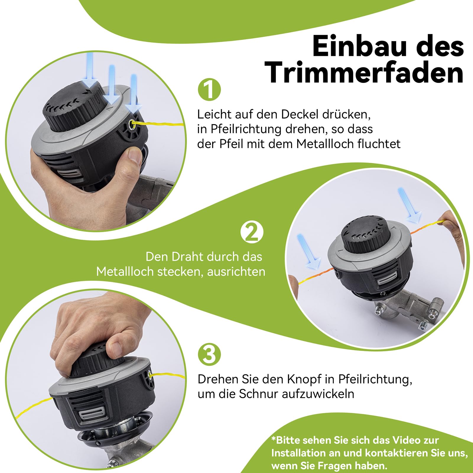 Fadenkopf für Motorsense mit Trimmerfaden,Einfaches Tap & Go System,Universal passende Fadenspule mit 6 Gewindeadapter,für die meisten Akku-Rasentrimmer und Akku-Freischneide (Orange)