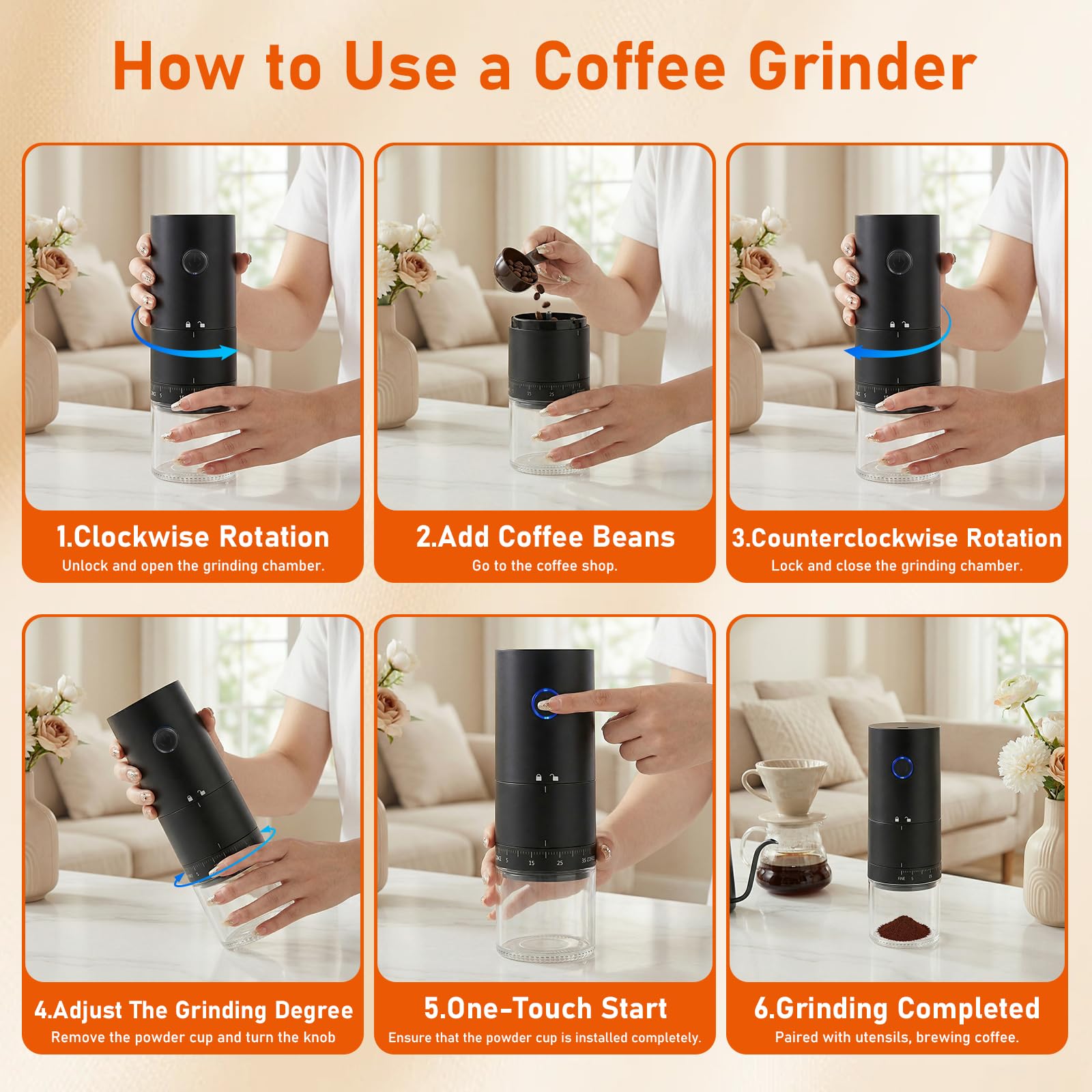 Macinacaffè Elettrico, Coffee Grinder Portatile con 38 Impostazioni Regolabili, USB Ricaricabile, Macina Caffè Granulometria Regolabile per semi e spezie, per Casa Ufficio Viaggi e Campeggio