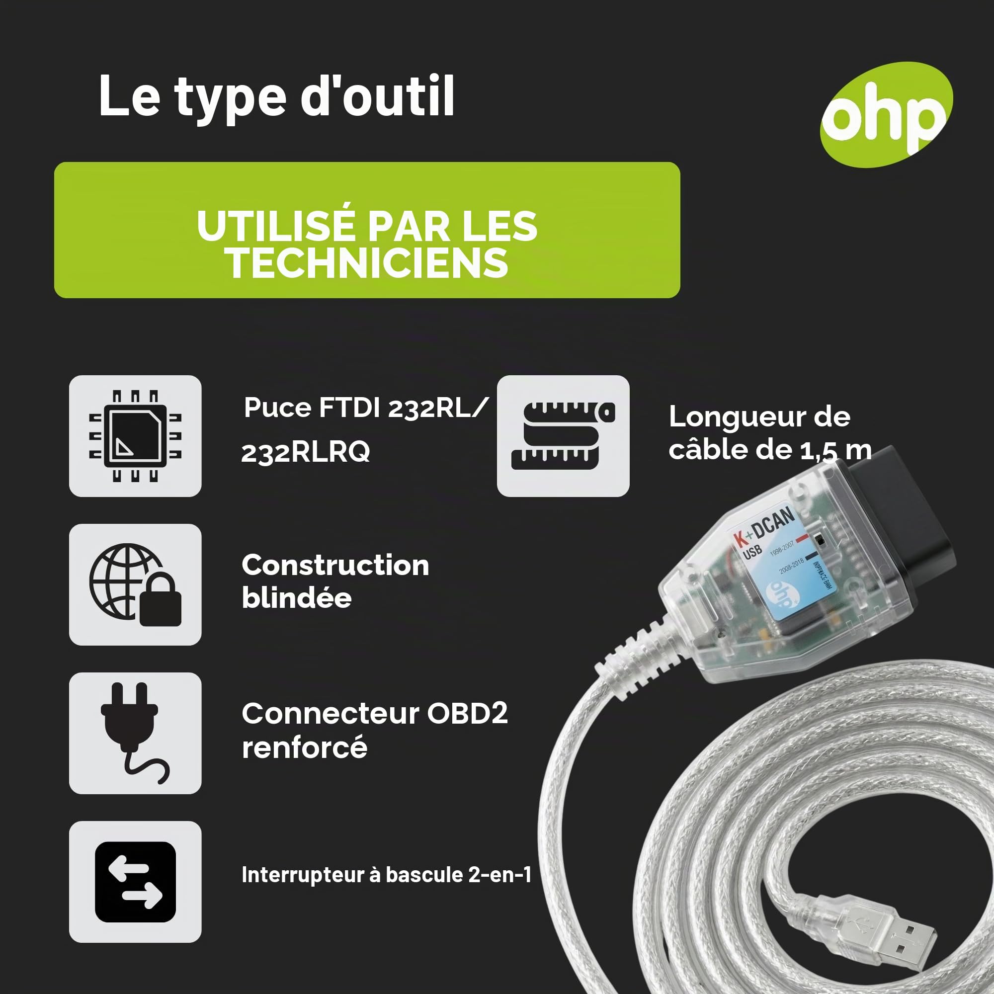 OHP K DCAN OBD2 USB pour BMW ISTA INPA Rheingold | Modèles E-Chassis 1998–2016 | Windows Uniquement
