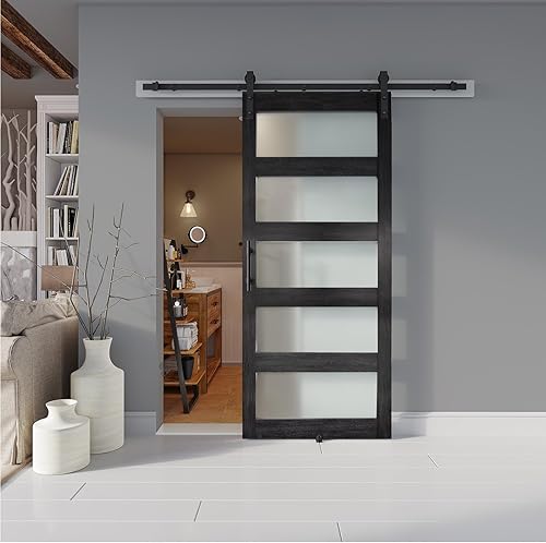 Miniatura 6 de Puerta de granero de vidrio de 28 x 84 pulgadas y kit de herrajes de 5 pies incluido, losa de puerta de granero blanco MDF con vidrio esmerilado,