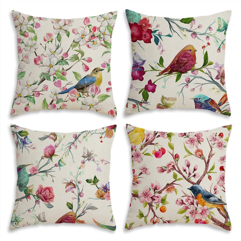 MAKINGTEC Spring Floral Linen Pillowcase, a Set of 4 Pillowcases for Sofa Sofa Living Room, Home Decor Sofa Digital Printing Home Furnishing Cushion Cover