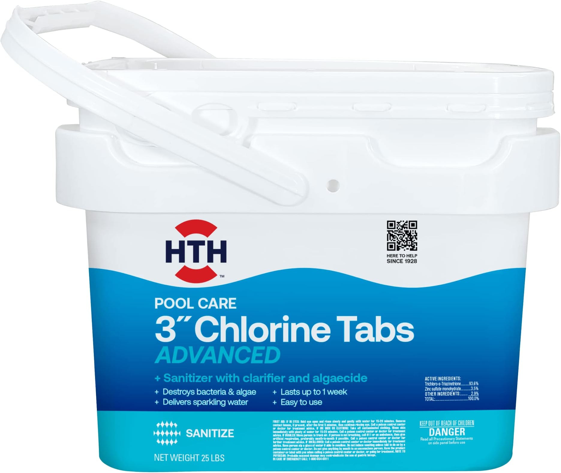 42055 Pool Care 3" Chlorine Tabs Advanced, Swimming Pool Sanitizer with Clarifier & Algaecide - Destroys Bacteria & Algae, Delivers Crystal Clear Water All Season, Slow Dissolving, 25 lbs