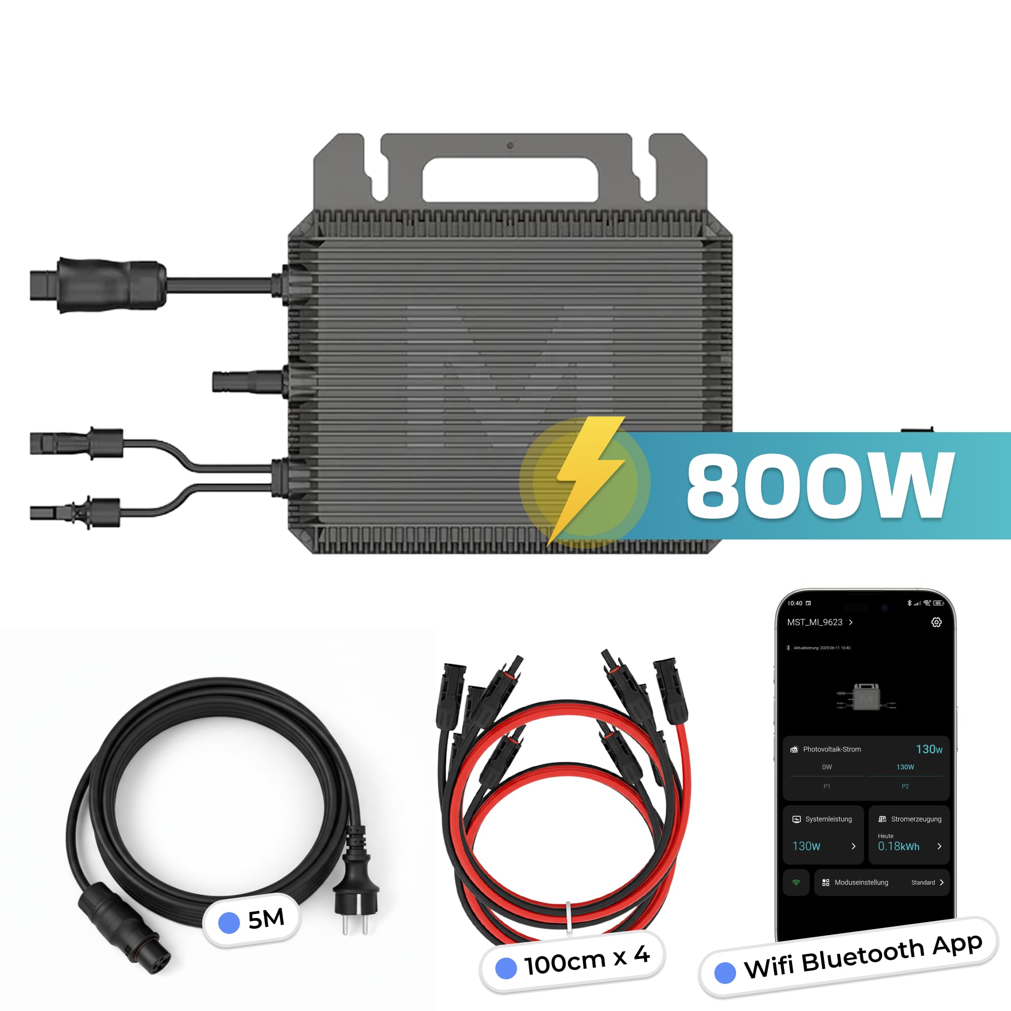 MARSTEK Mikro-Wechselrichter 800 W MST-MI0800 für Balkonkraftwerk, IP67 wetterfest, Plug&Play Installation, 2 MPPT, Bluetooth WiFi, inkl. 5m Anschlusskabel, 4X 1m Solar-Verlängerungen, Micro Inverter
