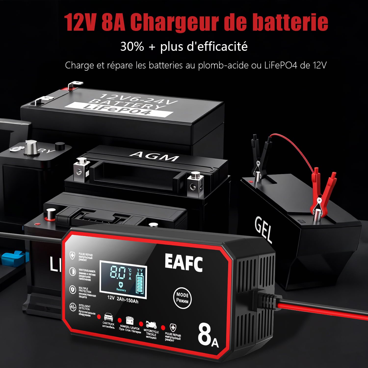 Chargeur de Batterie 12V 8A Intelligent - Chargeur Universel pour Voiture/Camion/Moto avec Fonction Réparation, Sécurité Anti-Court-Circuit et Écran LCD (Garage, Camping, Usage Domestique)