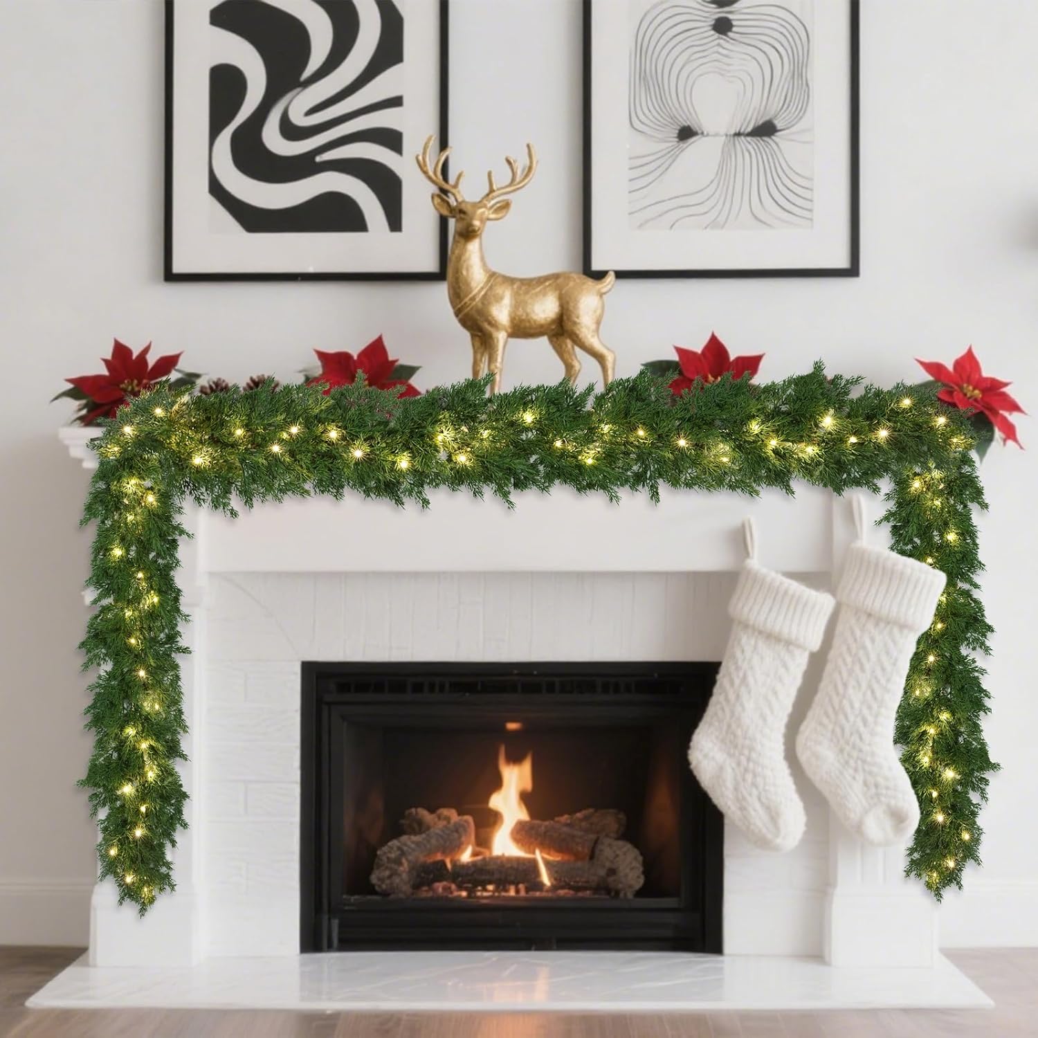 Realistic Christmas Garland With 8 Lighting Modes 6FT Real Touch Lush Artificial Cypress Garlands Prelit Garlands for Stairs Railing Fireplace Table Christmas Decorations Indoor Holiday Decor Greenery