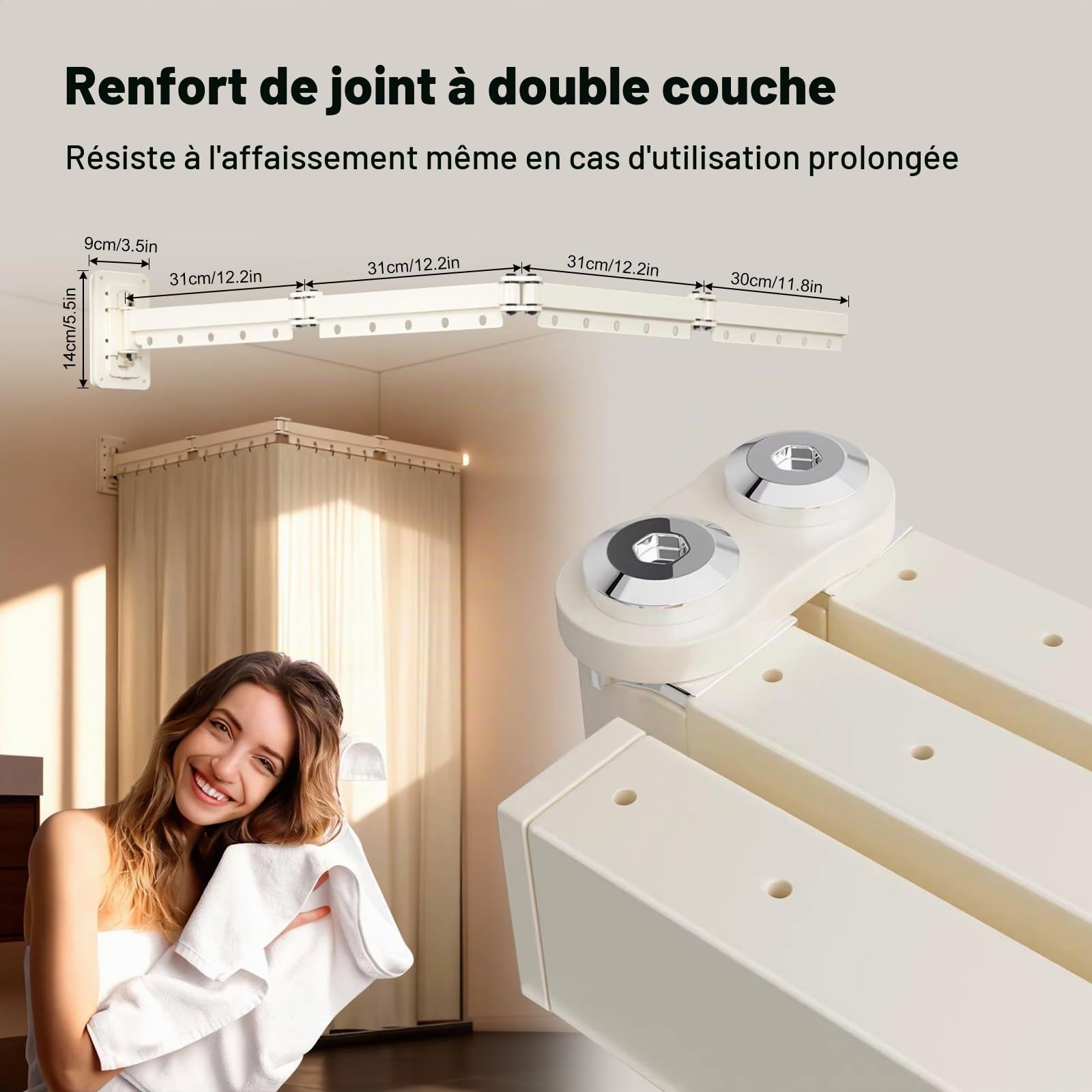 Tringle à Rideau de Douche Pliable Avec Rideau de 180 Cm,Blanc crème | Adaptée Aux Baignoires Ou Aux Douches, Pare Baignoire Sans Percage