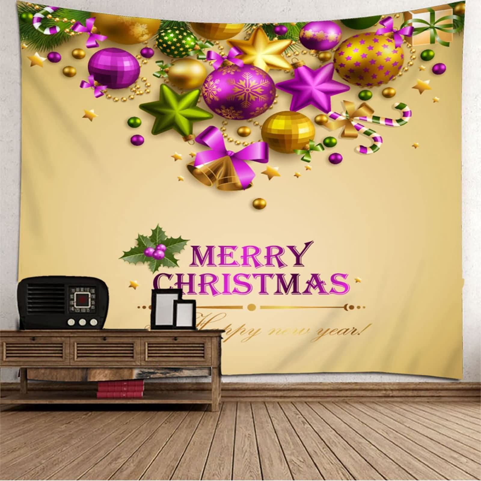 Navidad Tapiz Colgante Papel Tapiz Paredes 3D para Cuartos Bowknot Campanas Y Bolas De Navidad Papel Tapiz Tapiz Japones Pequeño Amarillo Púrpura Oro Decoración Navideña 300X260Cm