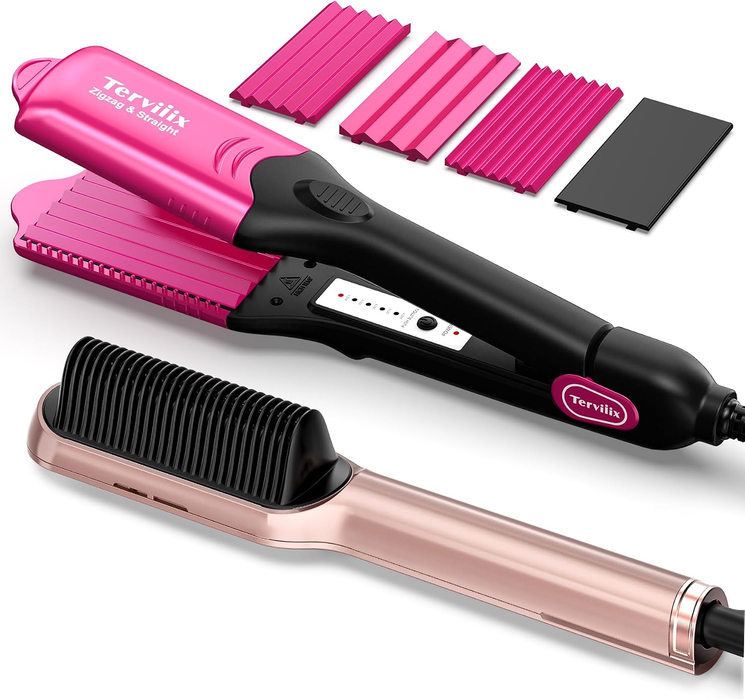 Terviiix 4-in-1 Hair Crimper(Hot Pink)& Ionic Hair Straightener Brush