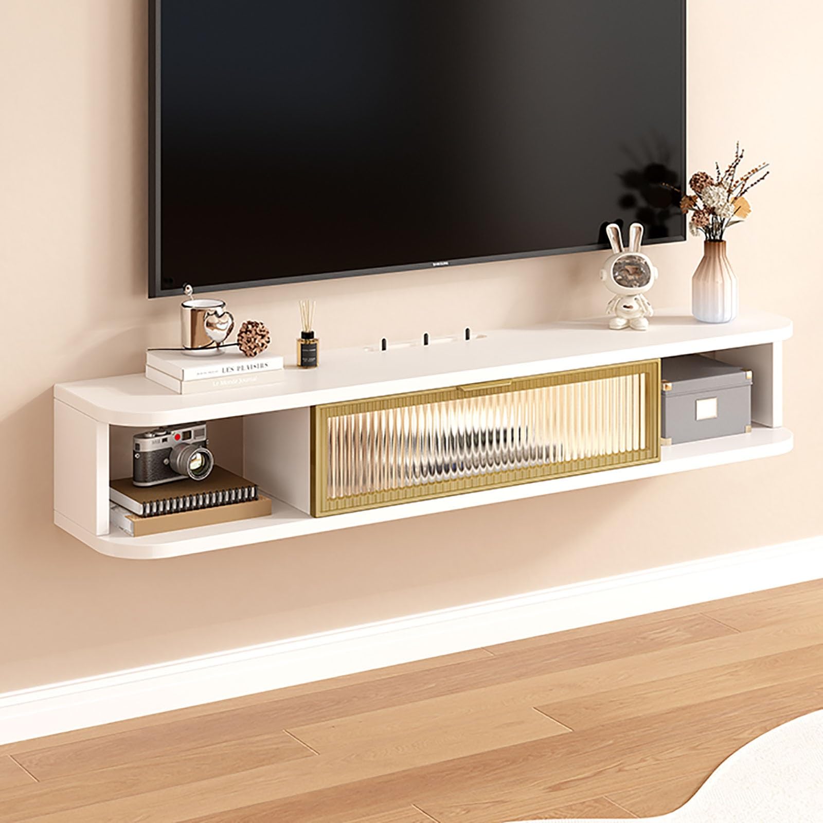 Meuble TV moderne flottant blanc avec console multimédia murale et armoires de rangement