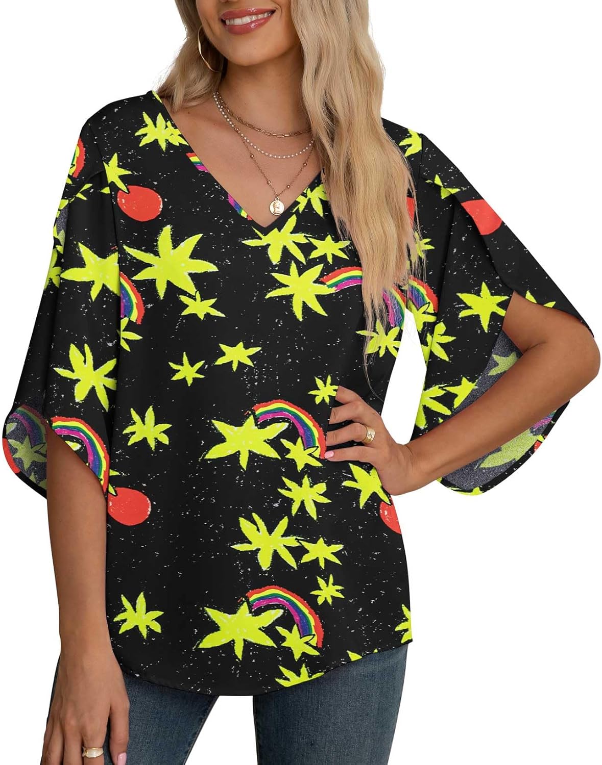 Jouica Women's Fall Casual 3/4 Ruffled Sleeve Chiffon Blouse Tops for Women