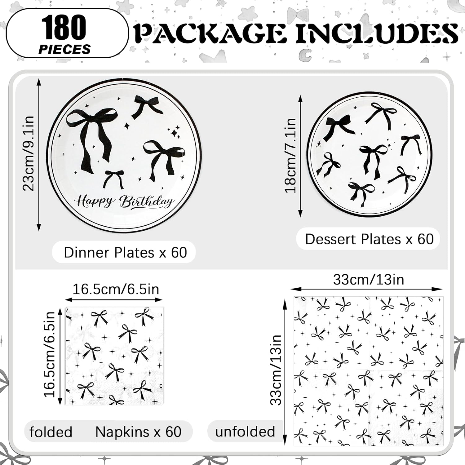 180Pcs Black Bow Birthday Party Supplies Paper Plates and Napkins Serve 60 Disposable Tableware Set for Birthday Party Decorations Game Day Family Holiday Sports Events - Image 2
