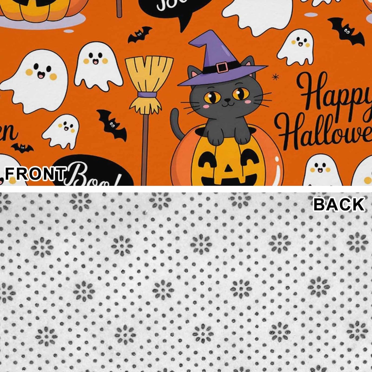 Happy Halloween Boo Doormats Rugs- Cartoon Pumpkin Spooky Black Cats Ghosts Non-Slip Entrance Door Mats Carpet Indoor for Home/Bathroom/Kitchen/Bedroom,Large 18x30inch, Orange