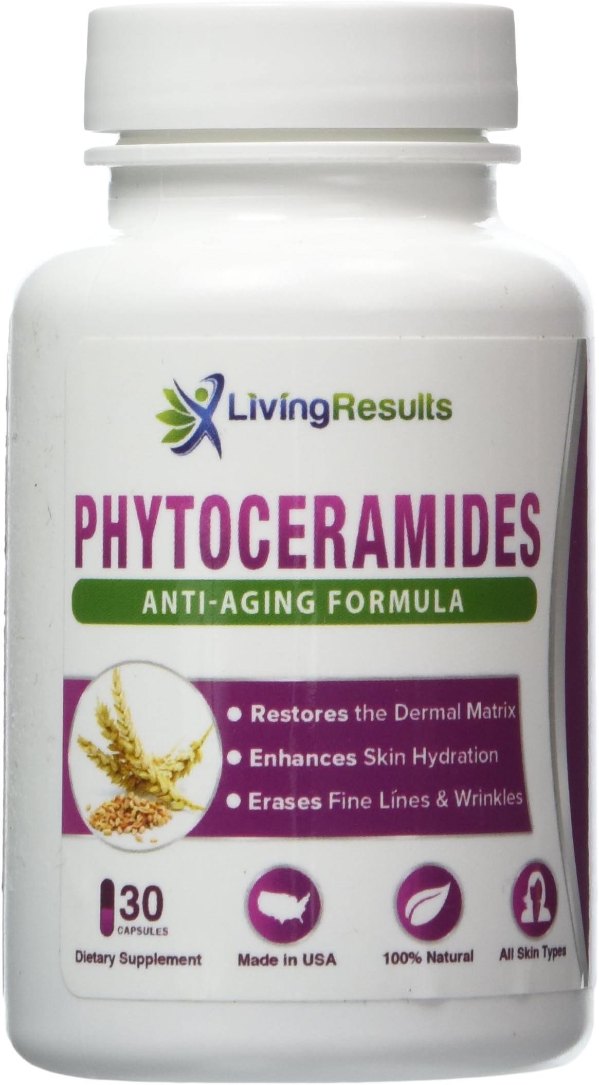 Phytoceramides - Powerful Skin Hydration and Anti-Aging Supporting Capsules - Wheat Derived - 350 mg Phytoceramides per Serving. 30 Pills.