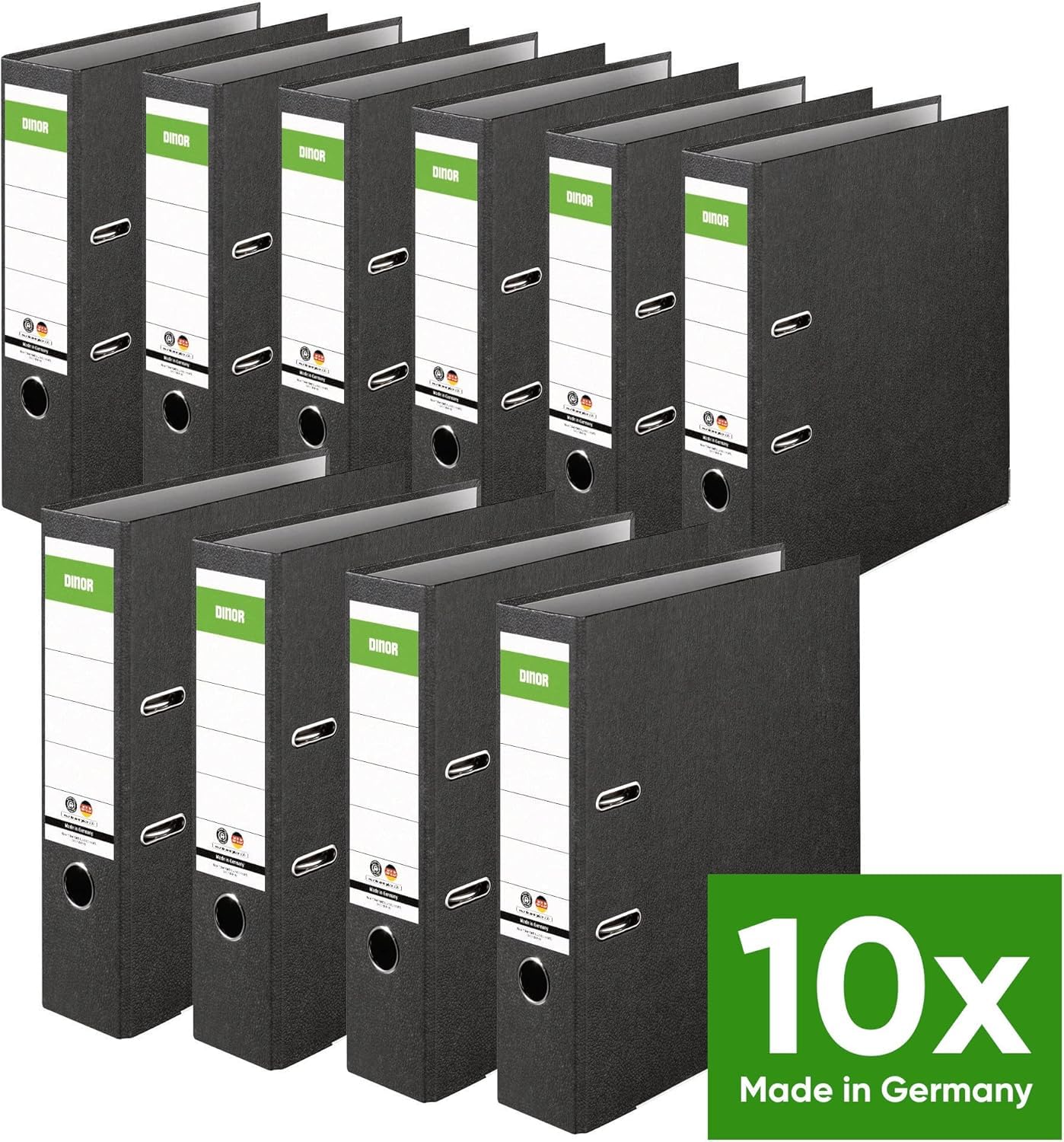 DINOR Lot de 10 classeurs en marbre nuageux recyclés - Fabriqué en Allemagne - 8 cm de large - Format A4 - Noir - Classeur à lettres - Classeur à fente - Barre verte - Ange bleu