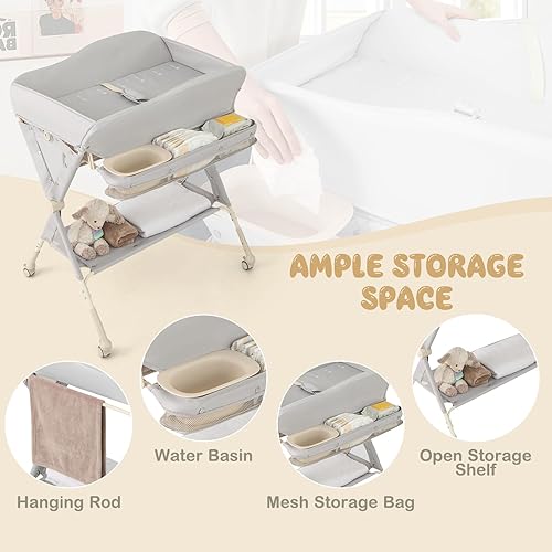 Vista 42 de HONEY JOY Cambiador, organizador móvil plegable con ruedas, altura ajustable, bolsa de almacenamiento y estante abierto, estación portátil para Gris