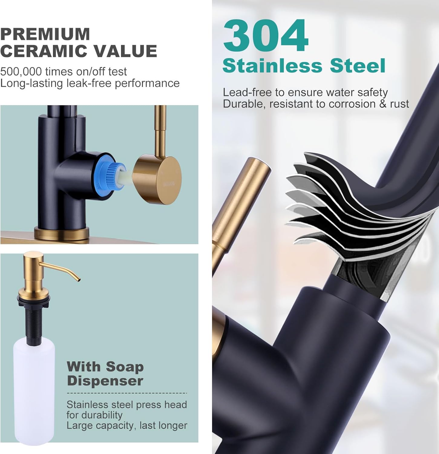 WOWOW Kitchen Faucet Head Replacement Gold, 3 Function Pull Out Spray and Black and Gold Kitchen Faucet with Soap Dispenser