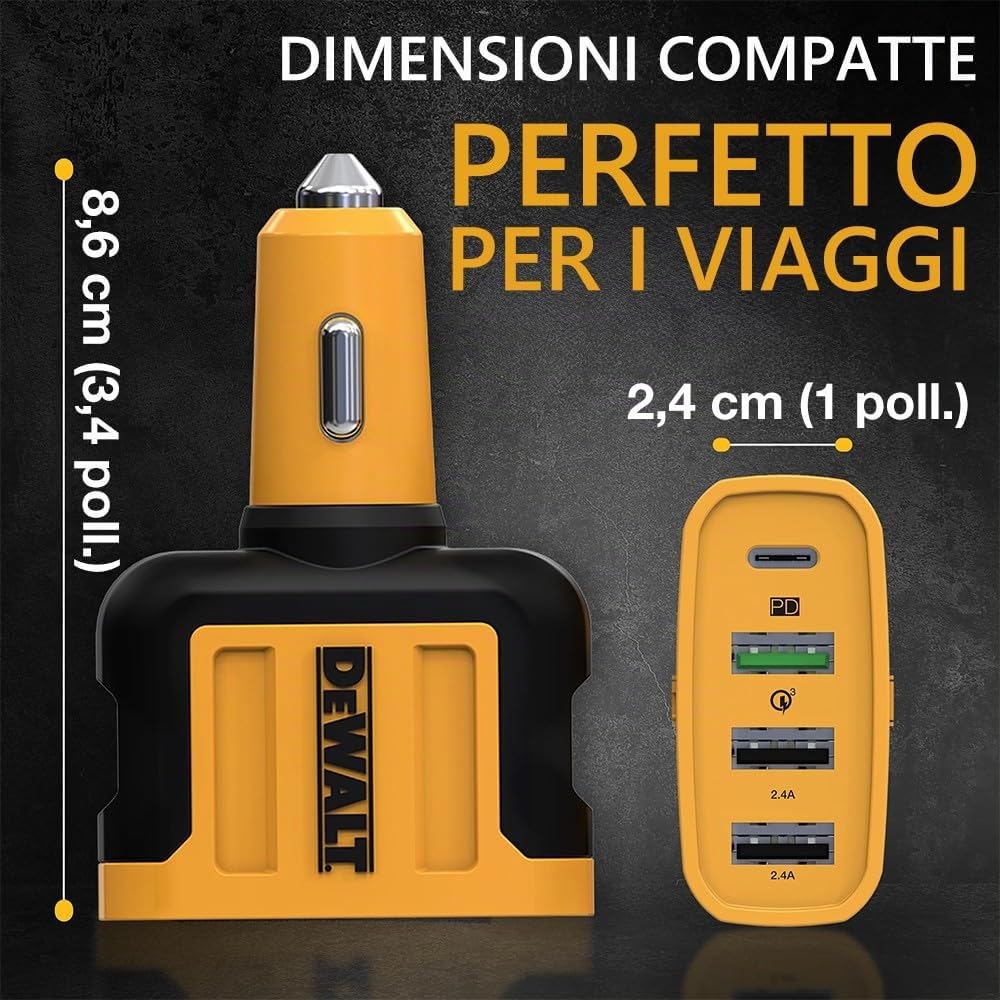 DEWALT Caricabatteria da auto USB C DEWALT, adattatore per caricabatteria rapido da auto a 4 porte da 60 W, caricabatteria da auto Pd tipo C compatibile con iPhone 16/15/Samsung, caricabatteria USB
