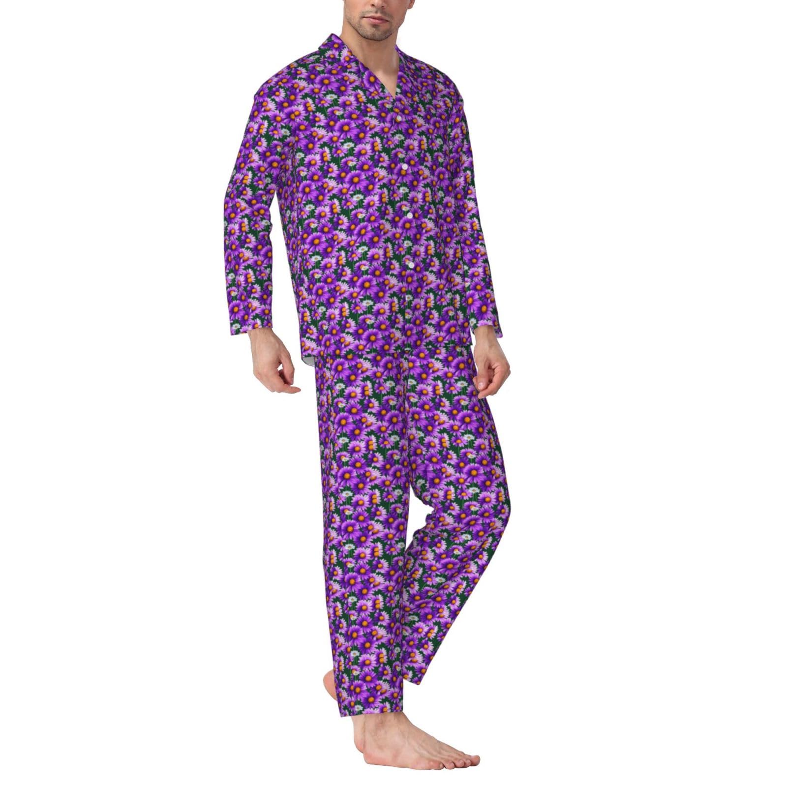Herren-Pyjama-Set, langärmelig, mit Gänseblümchen-Aufdruck, zweiteilig, bequem, Nachtwäsche, Violett