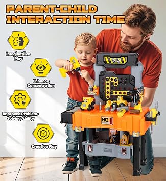 Lehoo Castle Kids Tool Bench, Kids Tool Set with Realistic Electric Drill & Take Apart Construction Vehicles, Workbench & Tool Box in One Design, STEM Learning Toys for 2-3 Years Toddler Boys & Girls