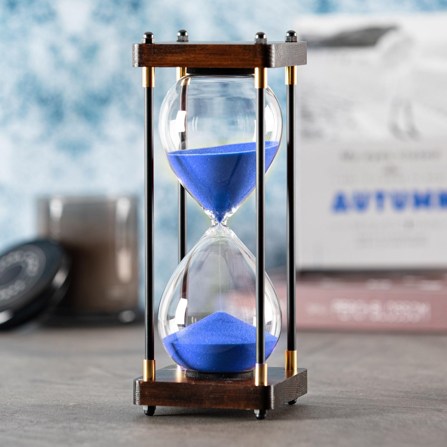 SAMLONG Large Hourglass Timer 60 Minute, Decorative Wood Sand Timer, Golden