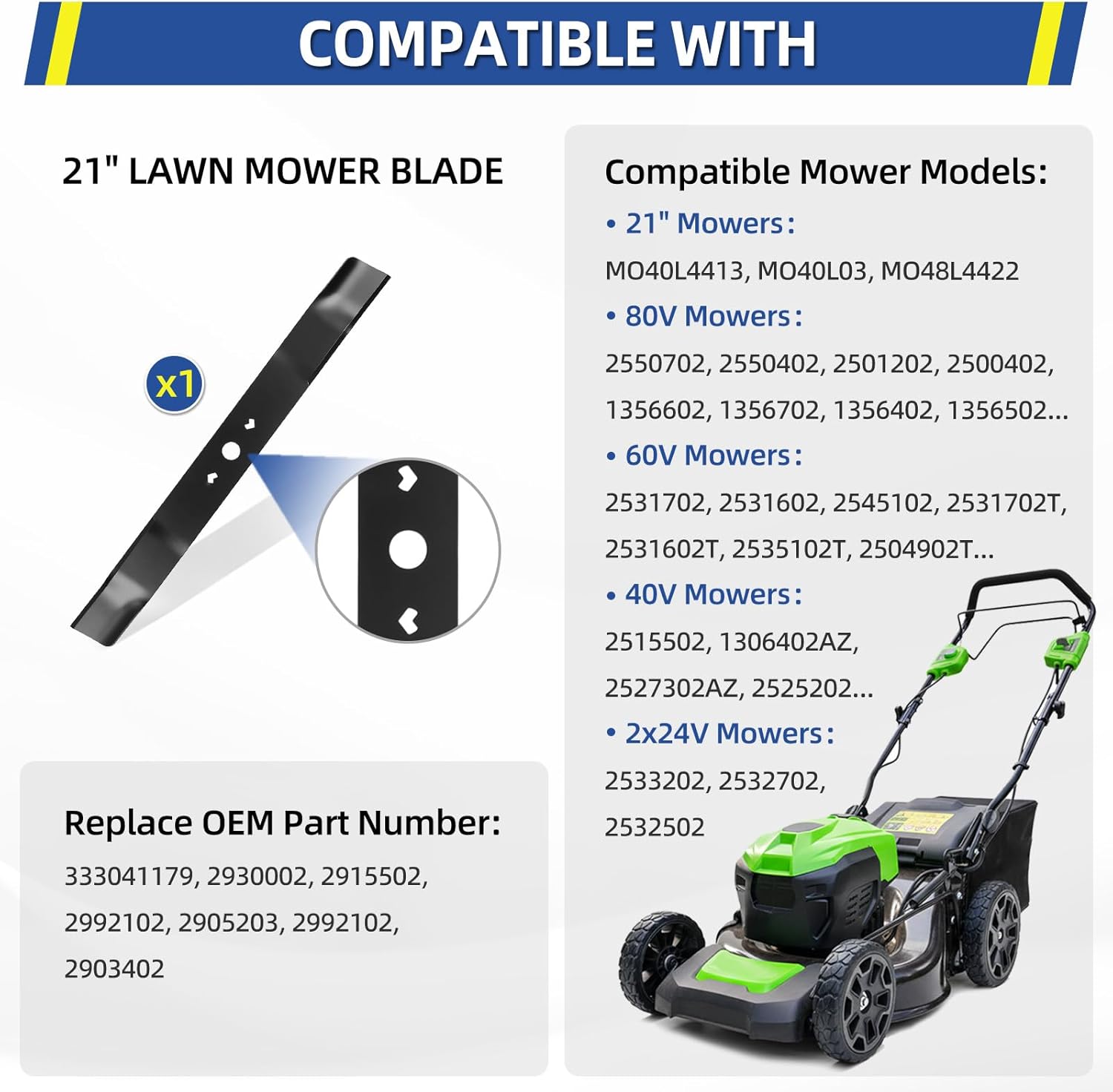 GICOOL 1-Pack 21" Lawn Mower Blade, Compatible with Greenworks 21" Deck Mower, Replaces Models MO40L03, MO48L4422, MO40L4413