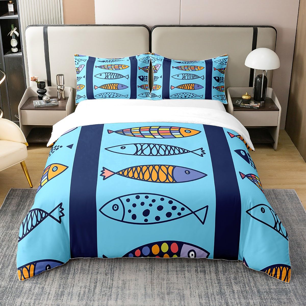 Geometrische Fische 100% Baumwolle Bettbezug 135x200,Marine Leben Tröster Abdeckung,Bunte Ölgemälde Fisch Bettwäsche Set,Geometrie Cartoon Fisch Quilt Cover für Kinder Jungen Mädchen Zimmer Dekor,Blau