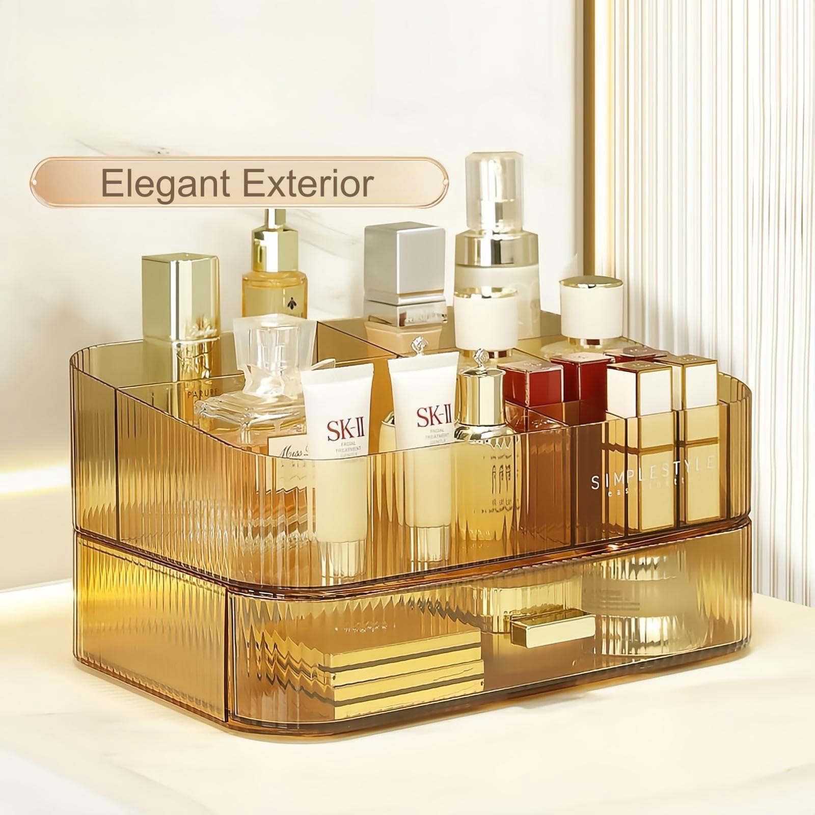 Organiseur de maquillage avec tiroir empilable, vitrine de rangement pour coiffeuse, comptoir de salle de bain ou commode, support de comptoir pour rouge à lèvres, pinceaux, lotions, fard à paupières,