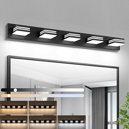 Miniatura 17 de Moderna lámpara LED para tocador de baño (3 luces, 24 pulgadas) (5CCT, regulable), negro mate moderno para pared de baño (3000 K/3500 K/4000 K/5000