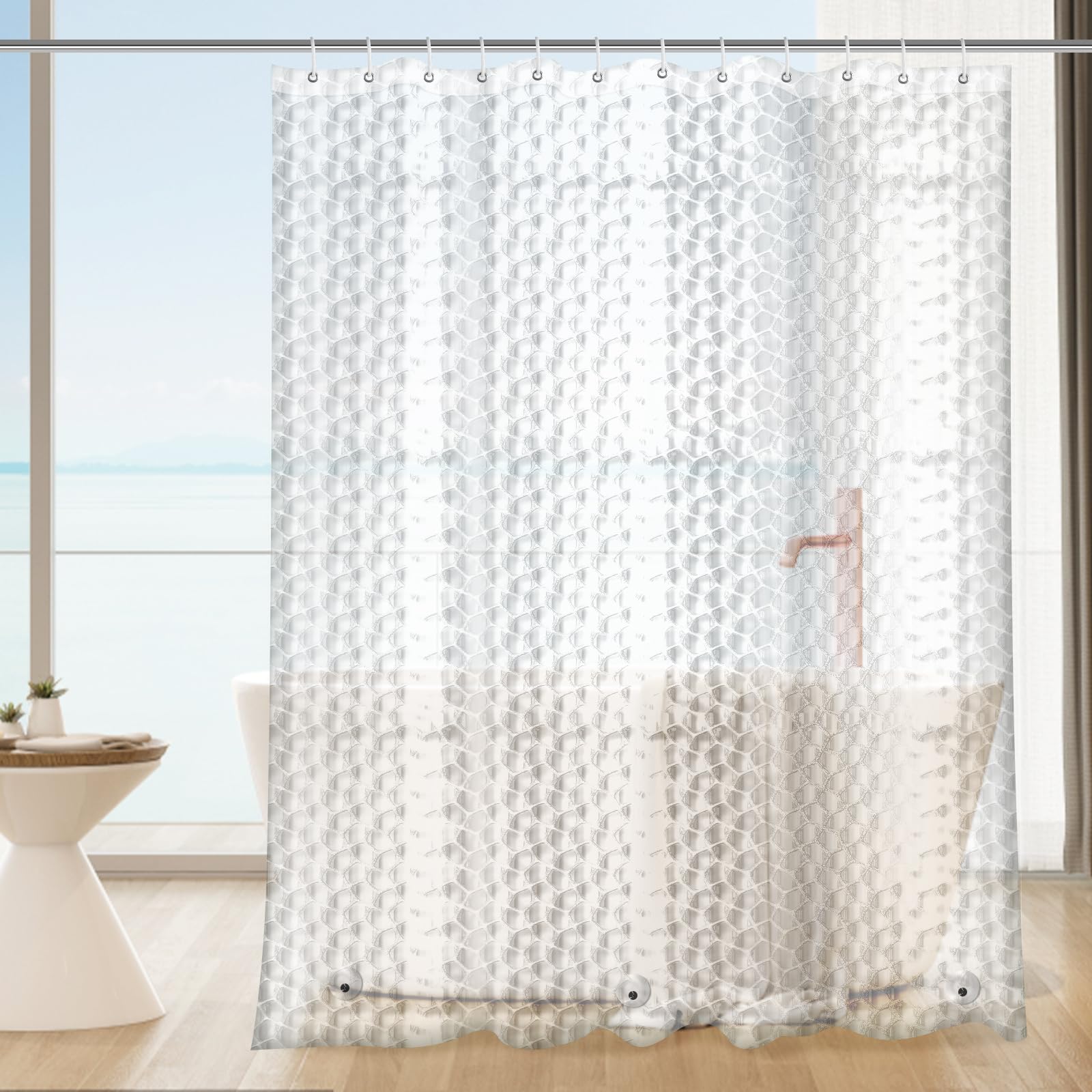 Cortina de Ducha Antimoho 180 X 200 cm，3D Cubo de Agua Semitransparente Espesas EVA Lavable Cortinas de Baño con 12 Ganchos, ，Cortina de Ducha Transparente，para Ducha o Bañera，Impermeables,