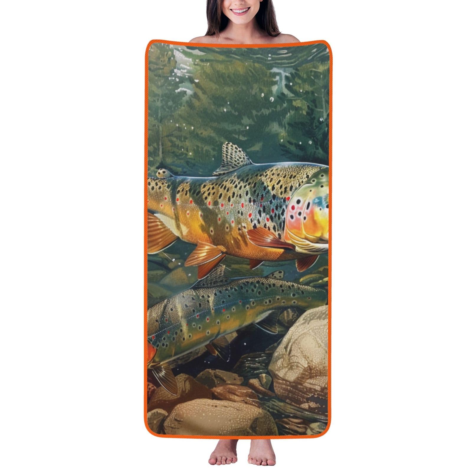 WPKJU Brook Trout Fly Fishing Printed Bath Towel with Orange Edging - 27x55 in Soft Extra Absorbent Coral Velvet Shower Towels for Bathroom