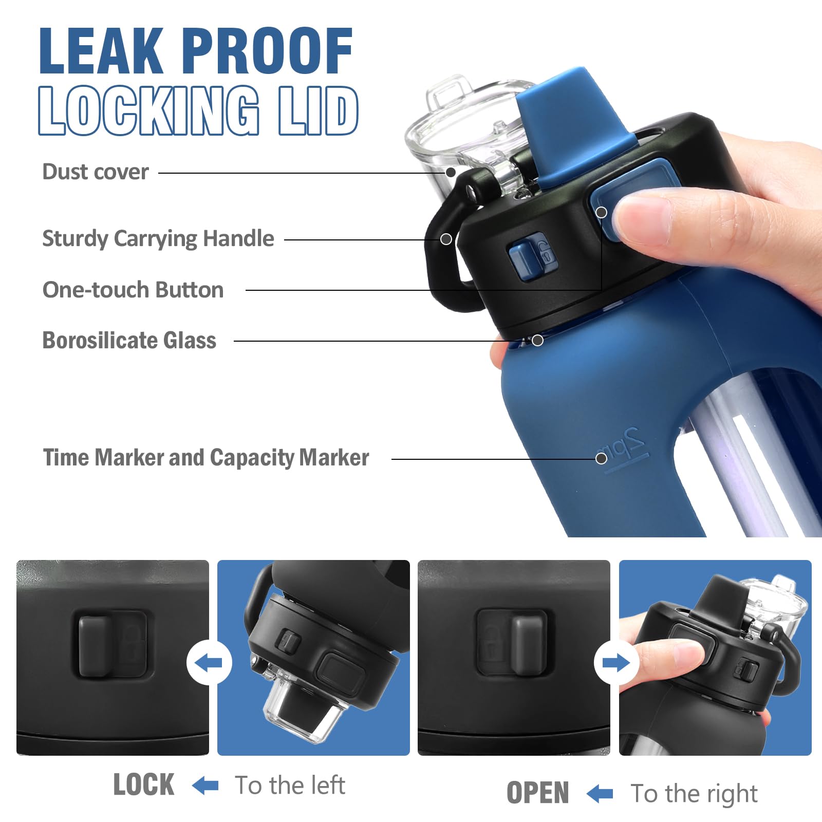 BLUEGO 900ml Bottiglia d'acqua in vetro con manico e cannuccia con manicotto in silicone per sport da palestra all'aperto Bottiglia d'acqua motivazionale a prova di perdite, Azzurro