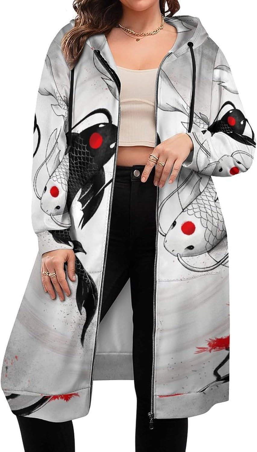 [YTYTDF] 花柄 鯉 和柄 和風 トップス パーカー レディース アウター ビック シルエット オーバー サイズ ロング ワン