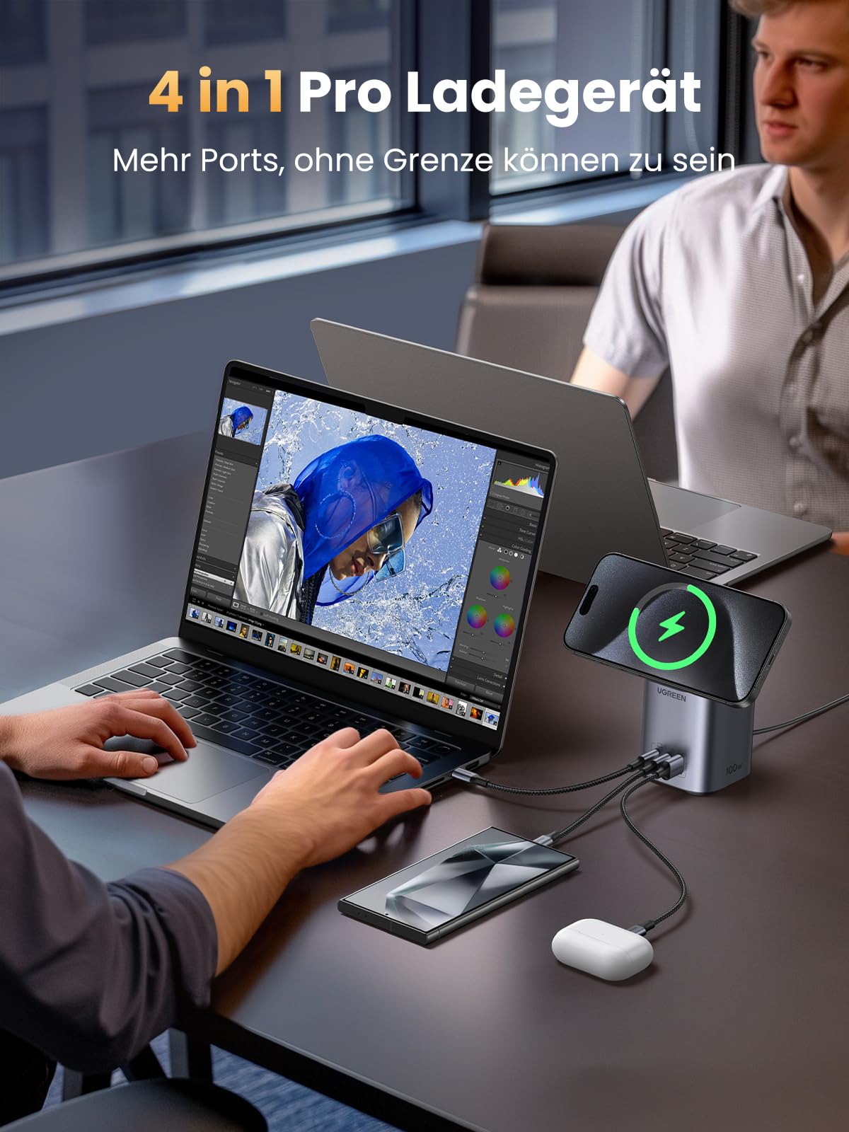 UGREEN Nexode 100W USB C Ladegerät, mit Qi2 15W Magnetisches Ladepad | GaN Netzteil, 4-IN-1 Ladestation, kabelloser Ladeständer für iPhone 12-17 Serien, kompatibel mit MacBook Pro/Air, AirPods