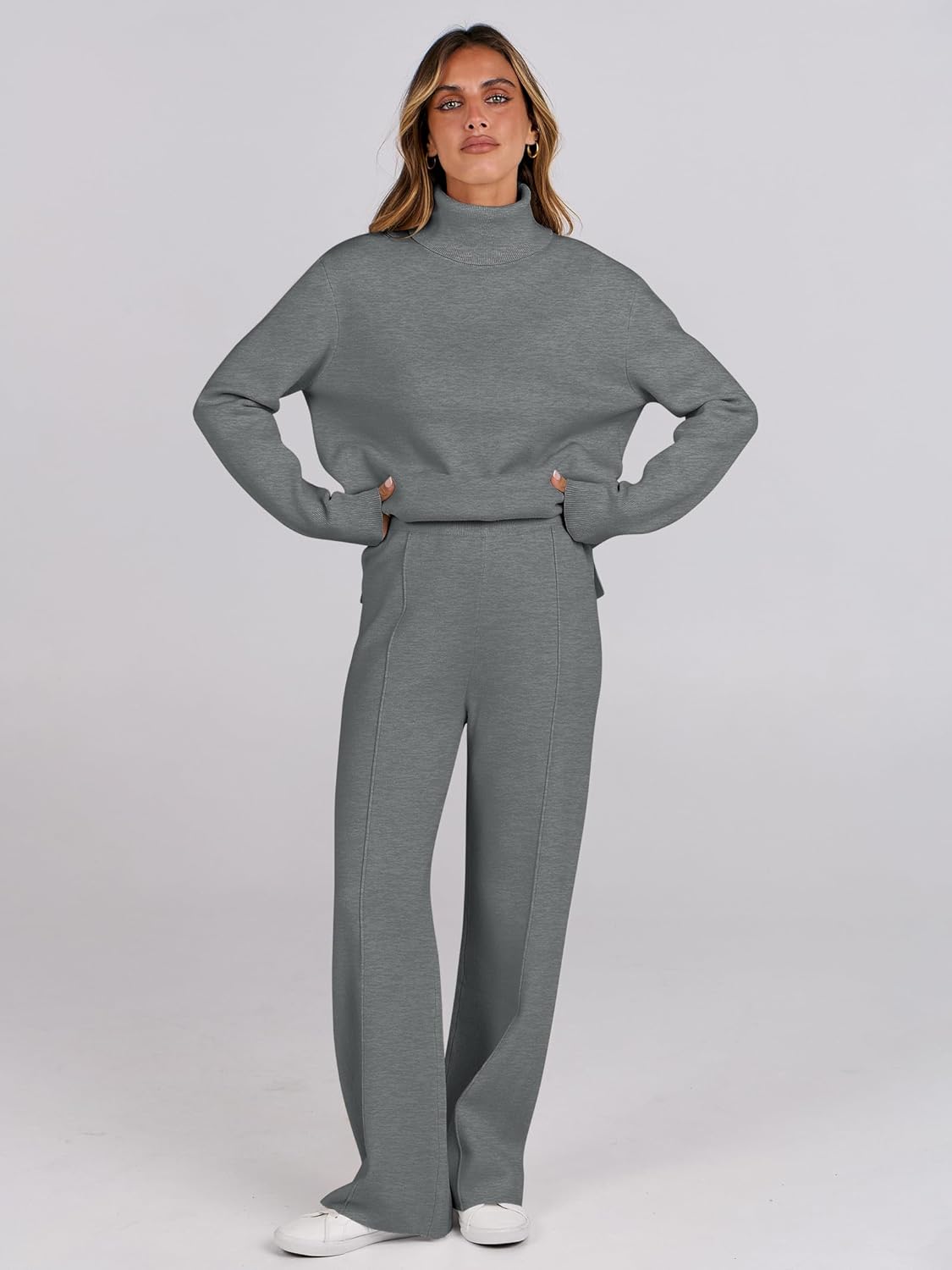 ANRABESS Womens 2 Piece Outfits Turtleneck Matching Lounge Set Sweater Top Wide Leg Pants Fall Cozy Knit Sweatsuit Loungewear - Image 5