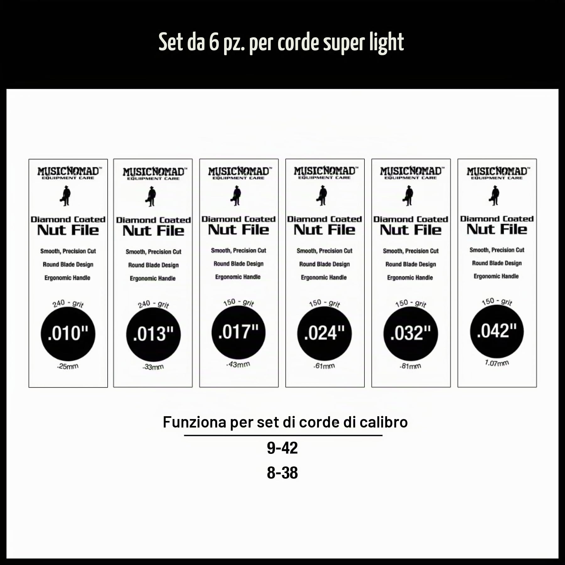 MusicNomad Set di 6 lime per dadi per chitarra elettrica, rivestite in diamante, corde super leggere (MN667)