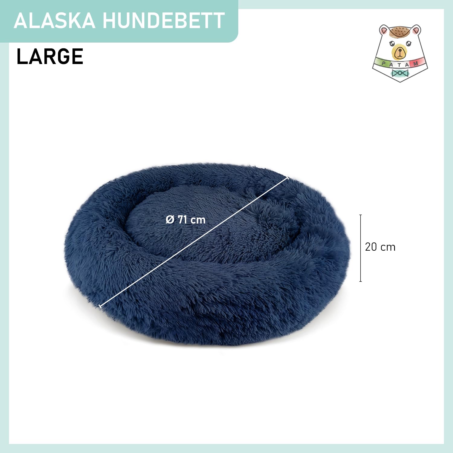 Hundebett aus Plüsch für Hunde und Katzen, Abnehmbarer Bezug, rutschfest, maschinenwaschbar - Alaska Blau, Large 71 cm