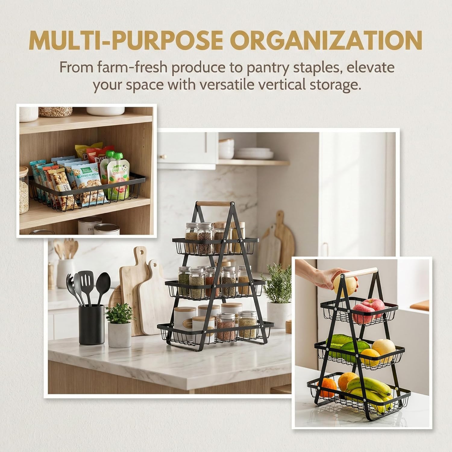 3-stöckige Obst Etagere aus Metall – großer Obstkorb schwarz mit abnehmbarer Obstschale, moderner Obsthalter für Küche, vielseitiger Ablagekorb mit Holzgriff, ideal für Obst, Gemüse, Brot und Snacks