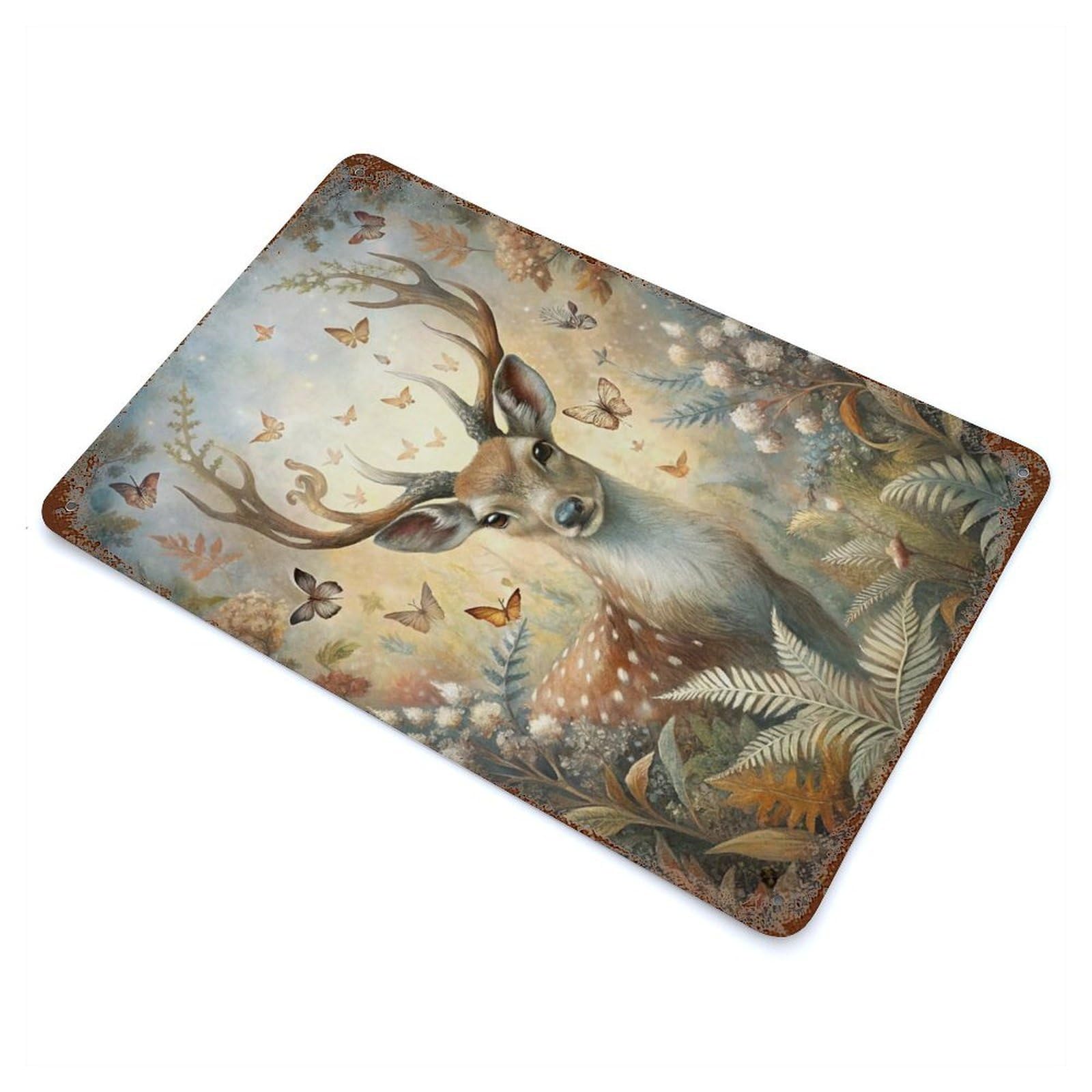Garage Style Deer And Butterflies in Forest Rusty Metal Tin Sign 11.8"x7.9", Shabby Chic Decor for Bar And Workshop