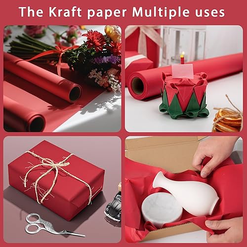 Miniatura 2 de FLYHILL Rollo de papel kraft rojo de 18 pulgadas x 100 pies (149 pies cuadrados), rollo de papel reciclable para envolver regalos, estudio de