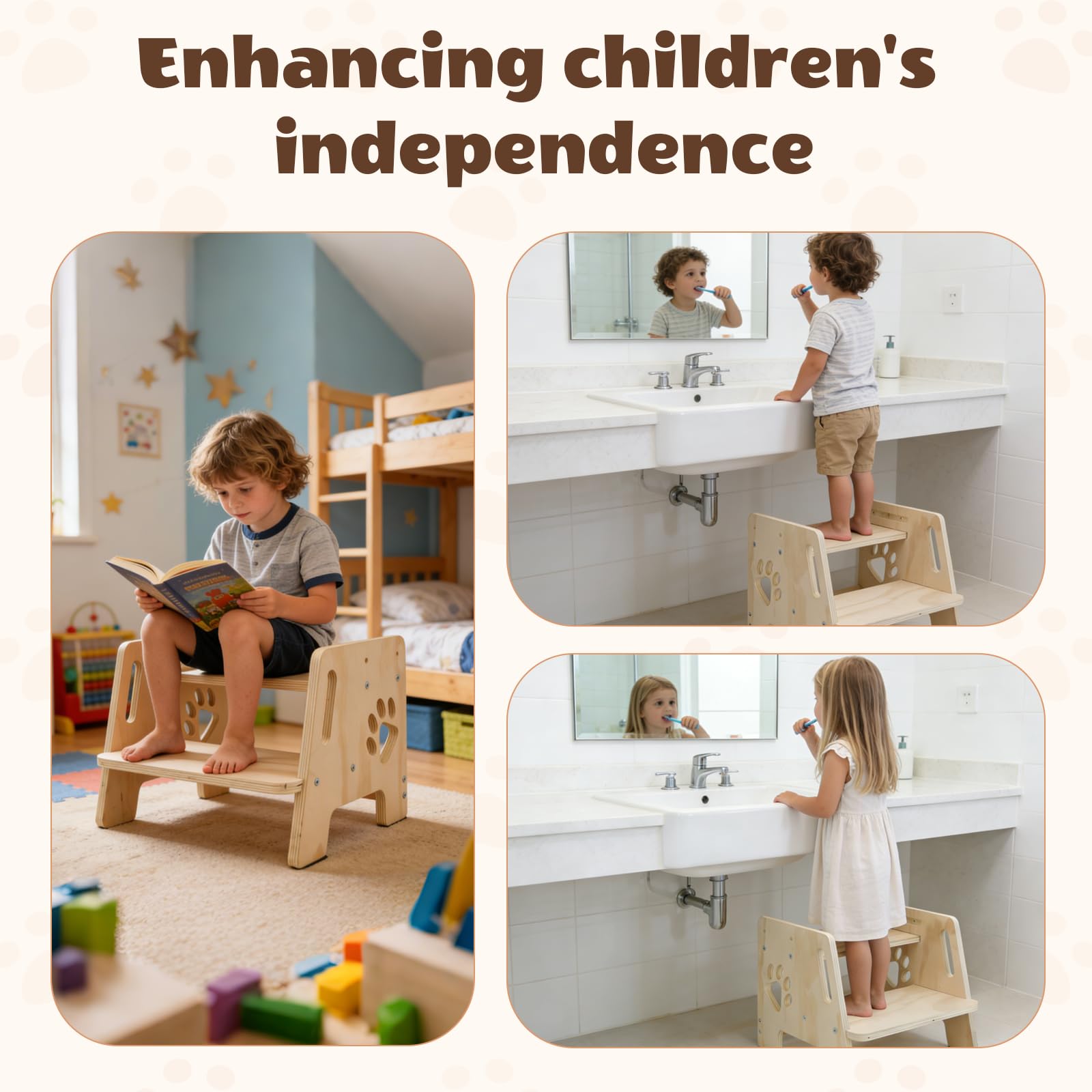 Escalón Infantil Taburete Infantil de Madera 2 Peldaños Altura Regulable Escalera con Asas Antideslizante para Baño Lavabo Cocina Dormitorio Entrenamiento de Inodoro para Niños — view 4