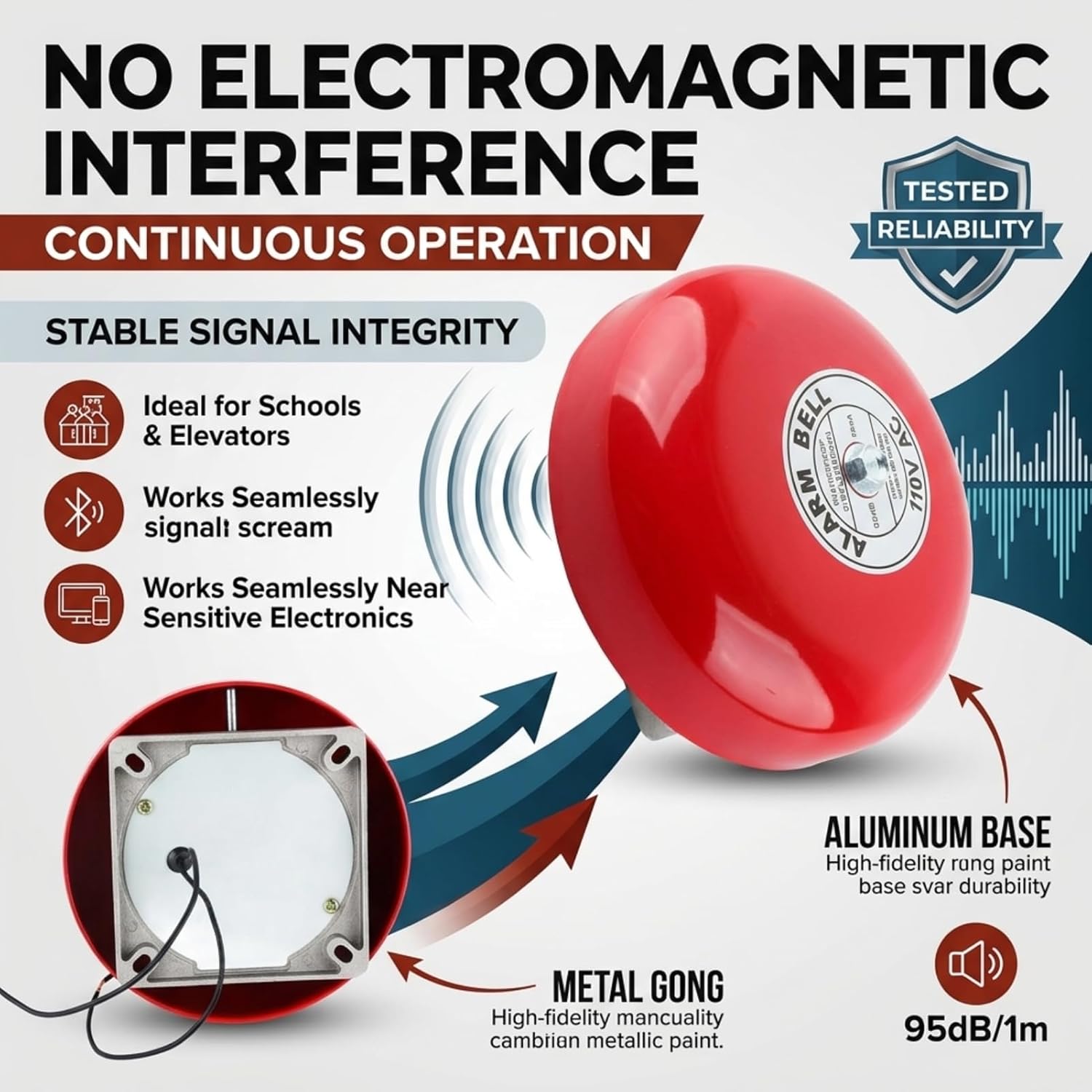 Electric Round Alarm Bell, Security Fire Alarm with Solid Aluminum Base, 150mm / 5.9in (AC110V)