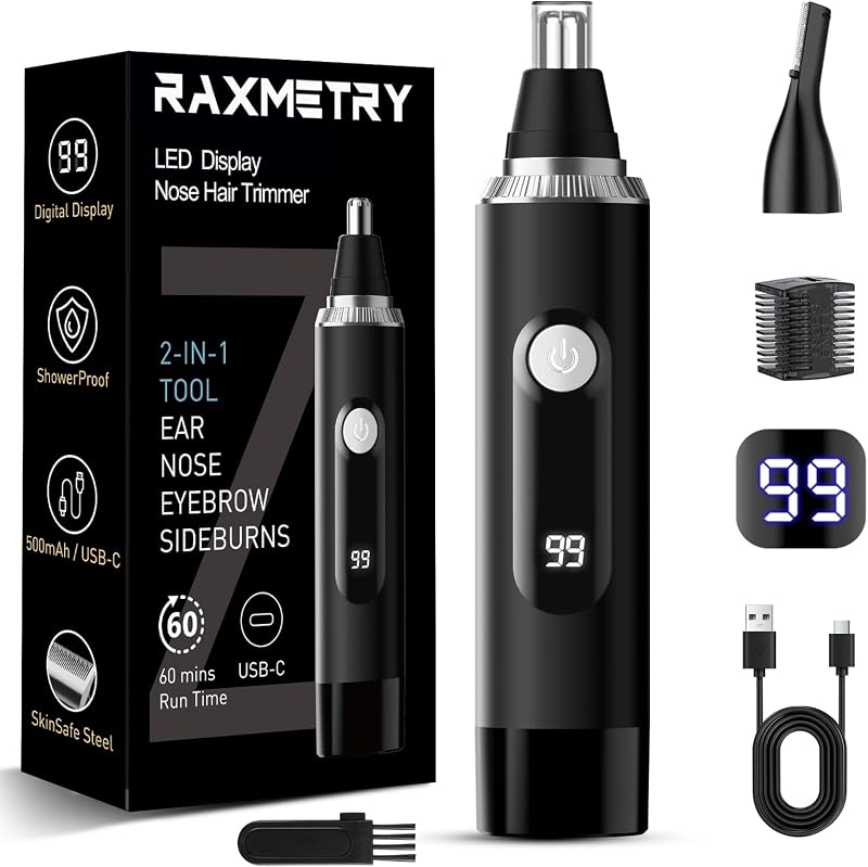 Aparador de pelos do nariz, orelhas, sobrancelhas e rosto RAXMETRY C520 com 2 cabeças, visor LED, recarregável via USB-C, IPX7, Preto e Prata