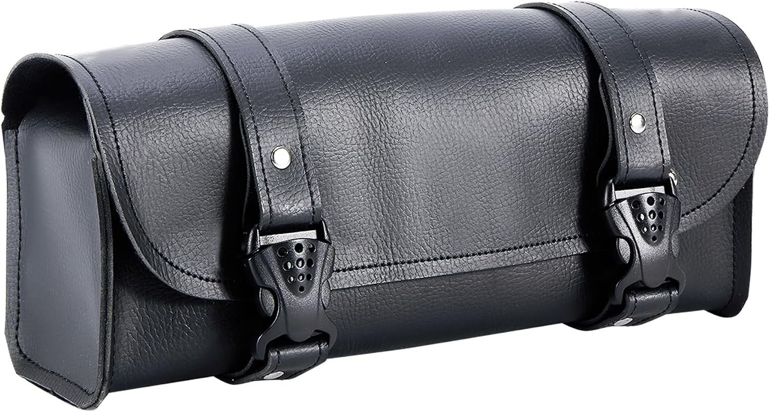 Dream Apparel Motorcycle Tool Fork Bag, PU Leather Front Bag for Motorcycle Front Fork Handlebar Universal Black Sissy Bar Roll Storage Pouch