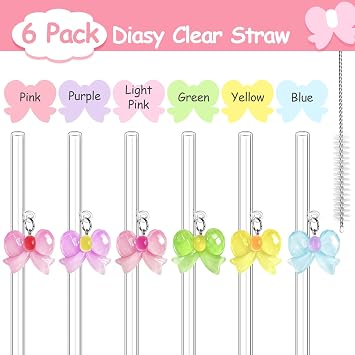 6 Pack Reusable Glass Straws with Cute Bow Charms Clear Shatter Resistant Drinking Straight Straw with 2 Cleaning Brushes Party Favors Gifts for Smoothies Juice Milkshakes Cocktail