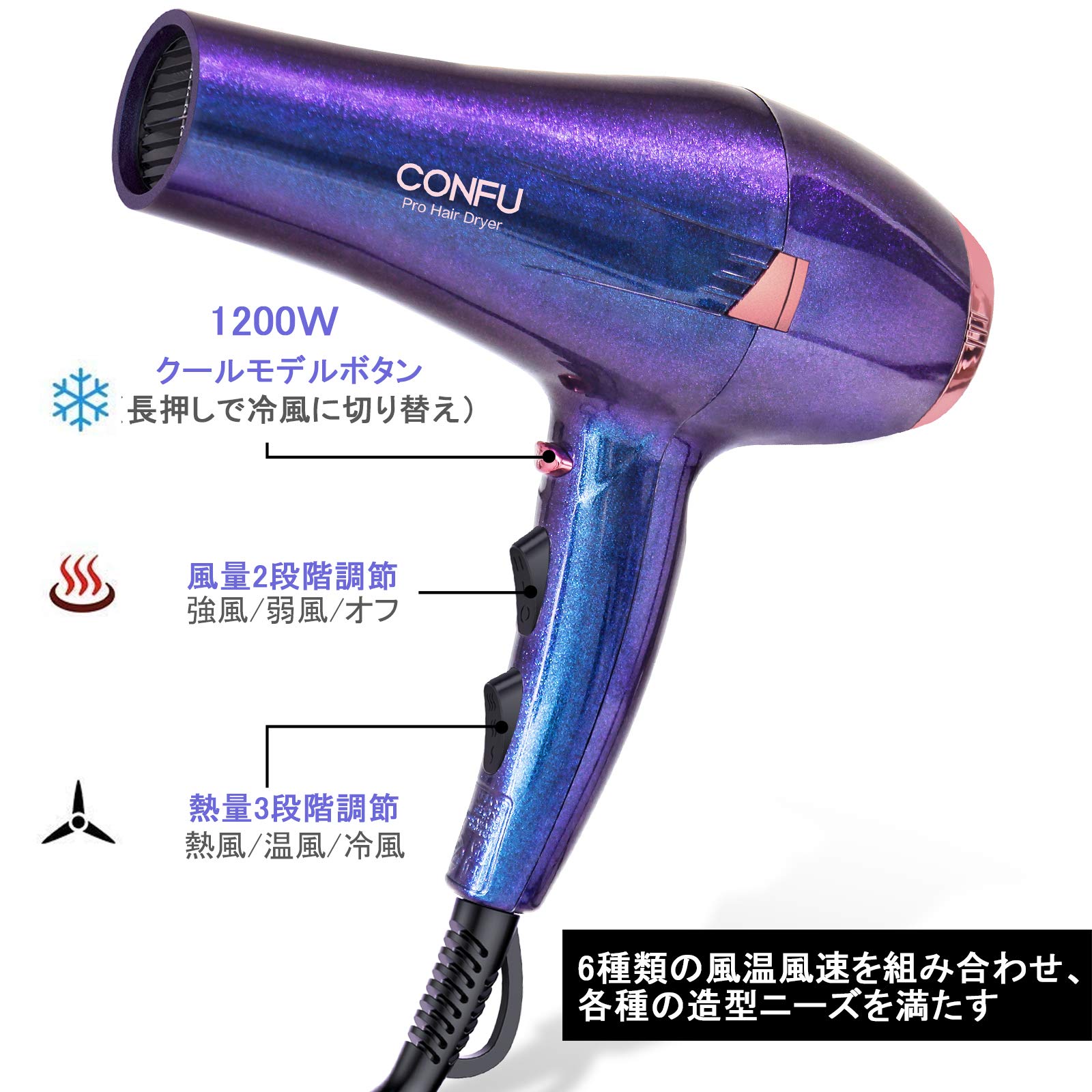 Amazon | CONFU ドライヤー大風量サロヘアドライヤー長い髪速乾でき