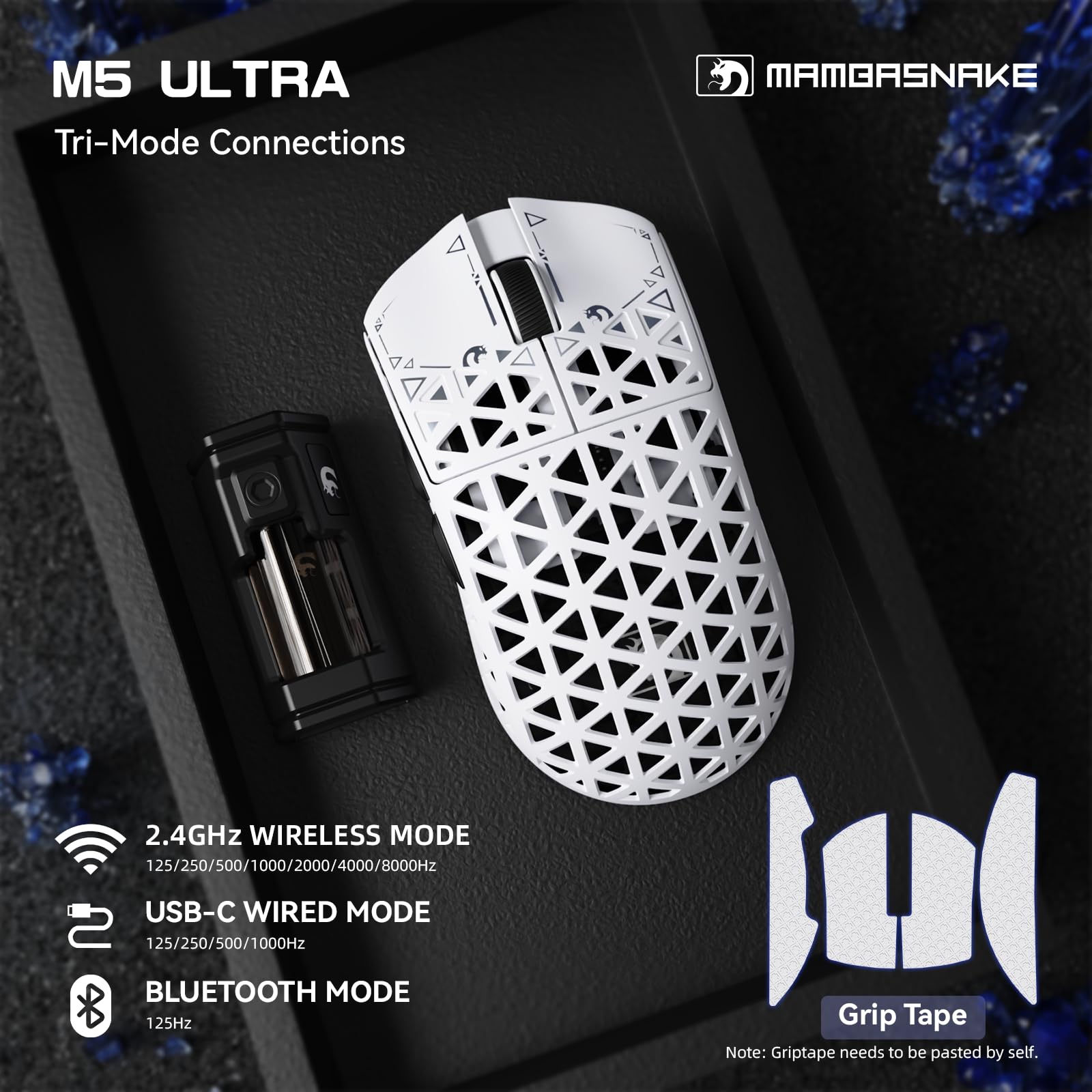 MAMBASNAKE M5 Ultra Carbon Fiber 8000Hz Kabellose Gaming-Maus mit Bis zu 42000 DPI, 39g Ultraleicht, PAW3950MAX Sensor, Nordic 52840 Chip, 2,4GHz Wireless/BT/Kabelgebunden, für PC/Xbox/PS/Mac – Weiß